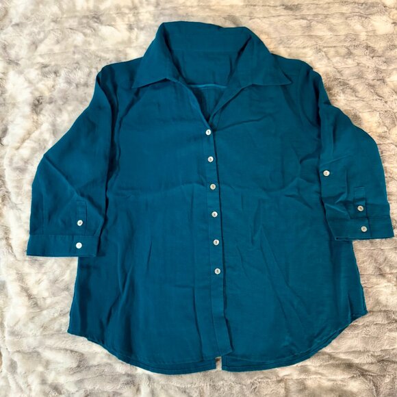 Fidaze 100% Linen Button Down Shirt Teal Blue 3/4 Sleeve Size Large - Picture 1 of 10